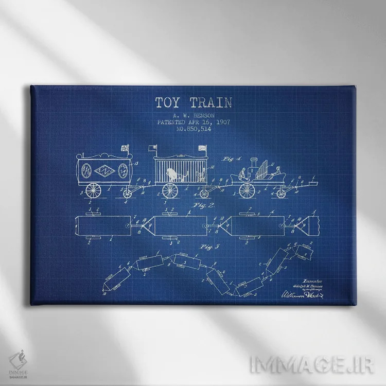تابلو طرح ثبت اختراع قطار اسباب بازی آ. دبلیو. بنسون (بلوبرینت/آبی فنی) اثر پیکسل کهنه (استودیو/نام هنری) - نمای روبهرو روی دیوار