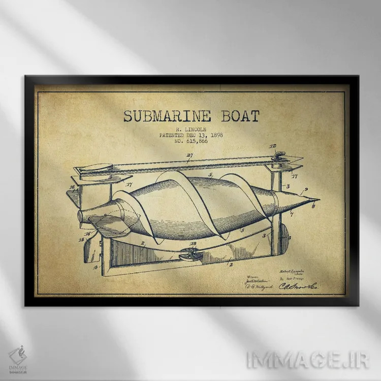 تابلو نقشهٔ ثبت اختراع زیردریایی (وینتیج/قدیمی) اثر پیکسل کهنه (استودیو/نام هنری) - نمای قابدار مشکی
