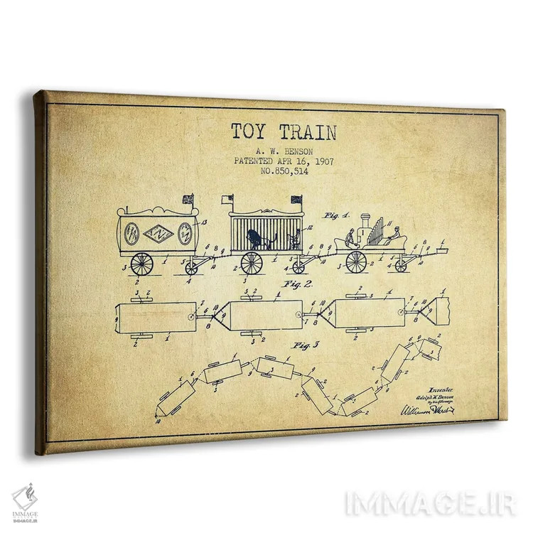 تابلو طرح ثبت اختراع قطار اسباب بازی آ. دبلیو. بنسون (وینتیج/قدیمی) اثر پیکسل کهنه (استودیو/نام هنری) - نمای پرسپکتیو محصول