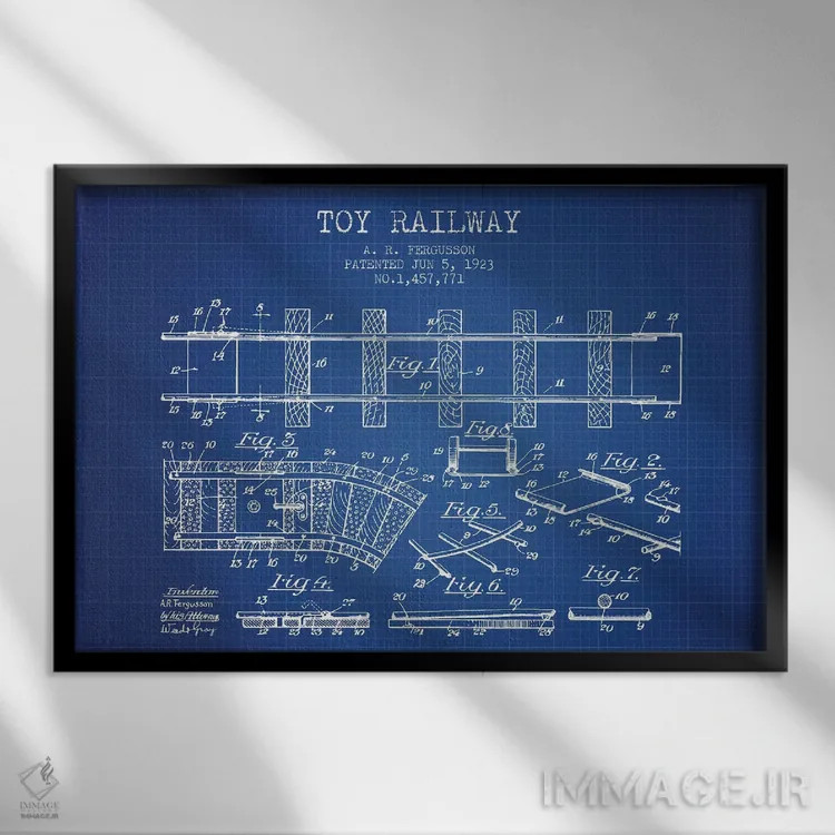 تابلو طرح ثبت اختراع قطار اسباب بازی آ. آر. فرگوسن (شبکه آبی) اثر پیکسل کهنه (استودیو/نام هنری) - نمای قابدار مشکی