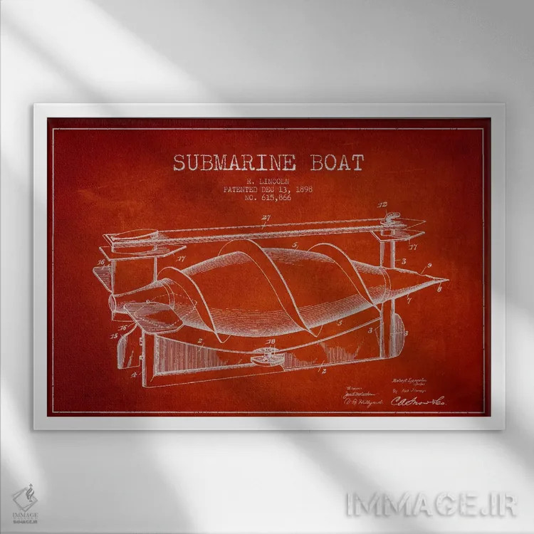 تابلو نقشهٔ ثبت اختراع زیردریایی (قرمز) اثر پیکسل کهنه (استودیو/نام هنری) - نمای قابدار سفید