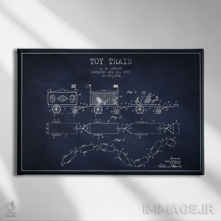 تابلو طرح ثبت اختراع قطار اسباب بازی آ. دبلیو. بنسون (سرمهای) اثر پیکسل کهنه (استودیو/نام هنری) - نمای روبهرو روی دیوار