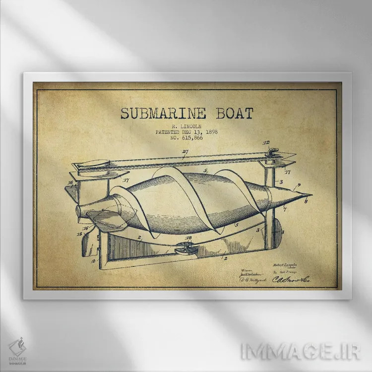 تابلو نقشهٔ ثبت اختراع زیردریایی (وینتیج/قدیمی) اثر پیکسل کهنه (استودیو/نام هنری) - نمای قابدار سفید