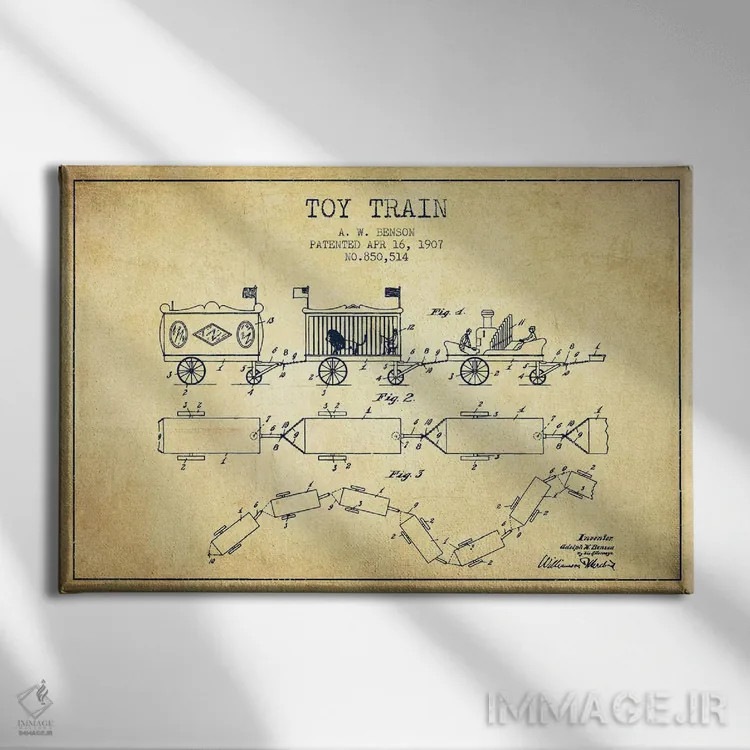 تابلو طرح ثبت اختراع قطار اسباب بازی آ. دبلیو. بنسون (وینتیج/قدیمی) اثر پیکسل کهنه (استودیو/نام هنری) - نمای روبهرو روی دیوار