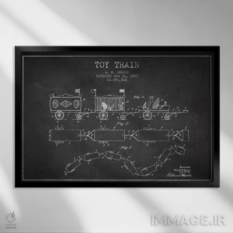 تابلو طرح ثبت اختراع قطار اسباب بازی آ. دبلیو. بنسون (زغالی) اثر پیکسل کهنه (استودیو/نام هنری) - نمای قابدار مشکی