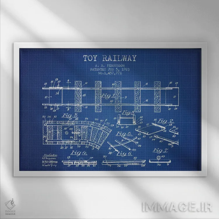 تابلو طرح ثبت اختراع قطار اسباب بازی آ. آر. فرگوسن (شبکه آبی) اثر پیکسل کهنه (استودیو/نام هنری) - نمای قابدار سفید