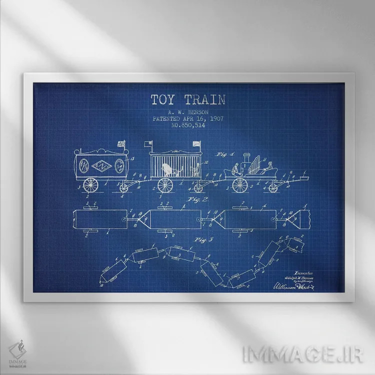 تابلو طرح ثبت اختراع قطار اسباب بازی آ. دبلیو. بنسون (بلوبرینت/آبی فنی) اثر پیکسل کهنه (استودیو/نام هنری) - نمای قابدار سفید