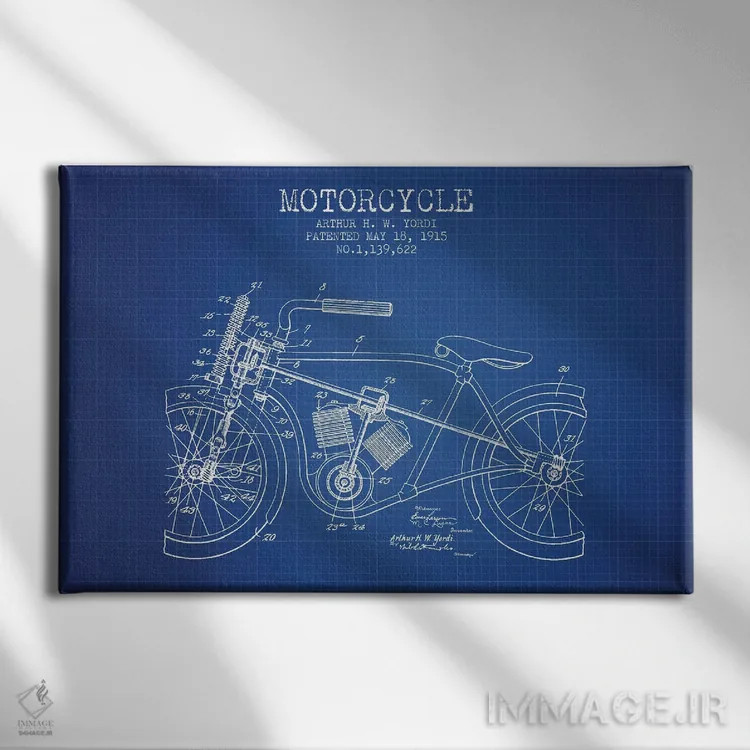 تابلو طرح ثبت اختراع موتورسیکلت آرتور اچ دبلیو یوردی (شبکه آبی) اثر پیکسل کهنه (استودیو/نام هنری) - نمای روبهرو روی دیوار