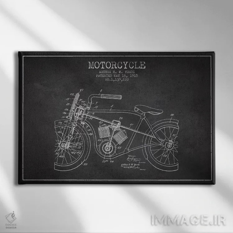 تابلو طرح ثبت اختراع موتورسیکلت آرتور اچ دبلیو یوردی (زغالی) اثر پیکسل کهنه (استودیو/نام هنری) - نمای روبهرو روی دیوار