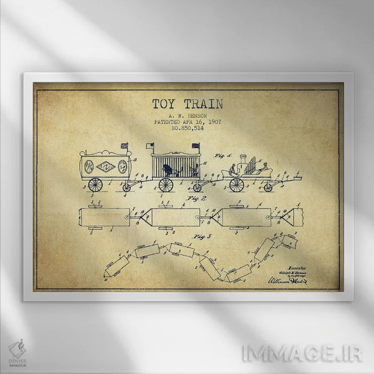 تابلو طرح ثبت اختراع قطار اسباب بازی آ. دبلیو. بنسون (وینتیج/قدیمی) اثر پیکسل کهنه (استودیو/نام هنری) - نمای قابدار سفید