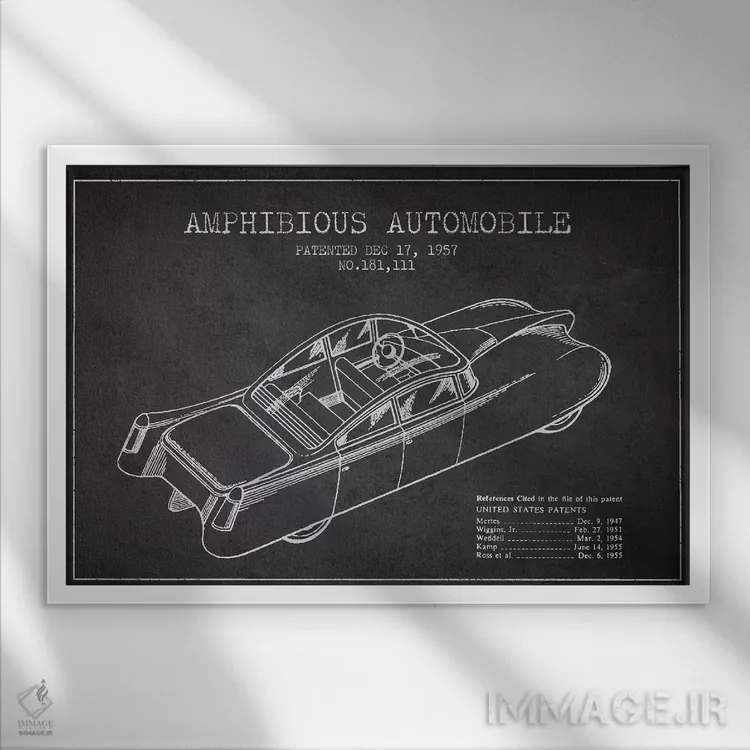 تابلو طرح ثبت اختراع خودرو دوزیست (زغالی) I اثر پیکسل کهنه (استودیو/نام هنری) - نمای قابدار سفید