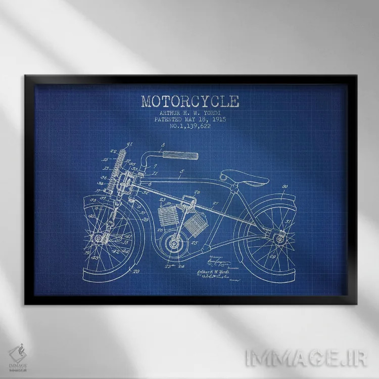 تابلو طرح ثبت اختراع موتورسیکلت آرتور اچ دبلیو یوردی (شبکه آبی) اثر پیکسل کهنه (استودیو/نام هنری) - نمای قابدار مشکی
