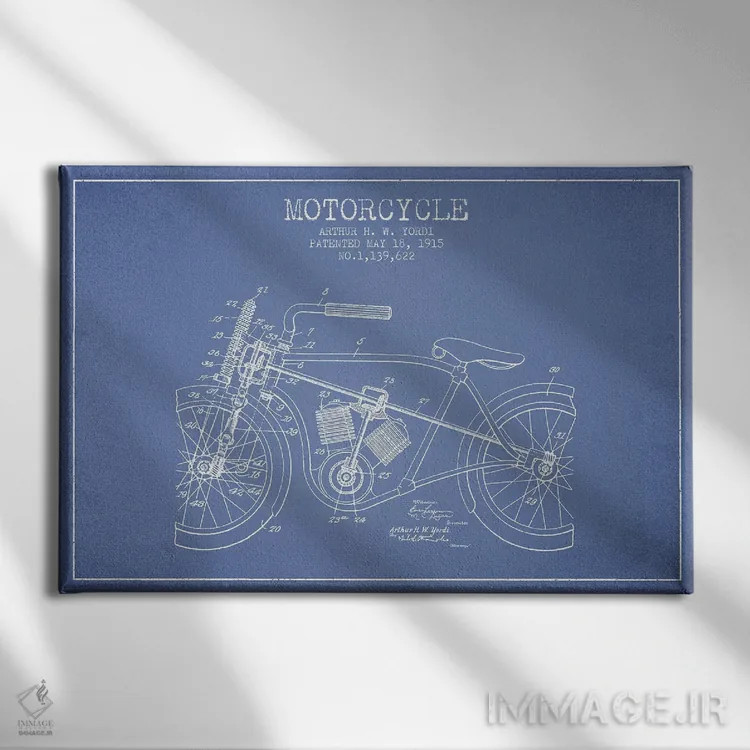 تابلو طرح ثبت اختراع موتورسیکلت آرتور اچ دبلیو یوردی (آبی روشن) اثر پیکسل کهنه (استودیو/نام هنری) - نمای روبهرو روی دیوار