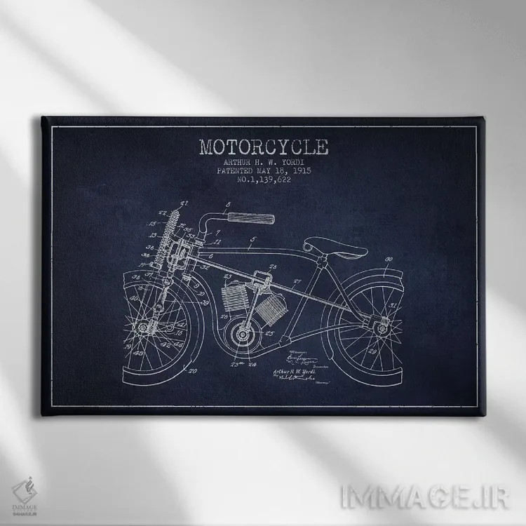 تابلو طرح ثبت اختراع موتورسیکلت آرتور اچ دبلیو یوردی (سرمهای) اثر پیکسل کهنه (استودیو/نام هنری) - نمای روبهرو روی دیوار