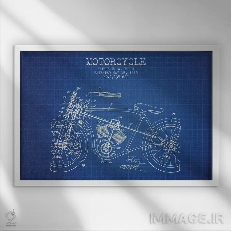 تابلو طرح ثبت اختراع موتورسیکلت آرتور اچ دبلیو یوردی (شبکه آبی) اثر پیکسل کهنه (استودیو/نام هنری) - نمای قابدار سفید