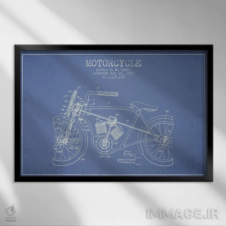 تابلو طرح ثبت اختراع موتورسیکلت آرتور اچ دبلیو یوردی (آبی روشن) اثر پیکسل کهنه (استودیو/نام هنری) - نمای قابدار مشکی