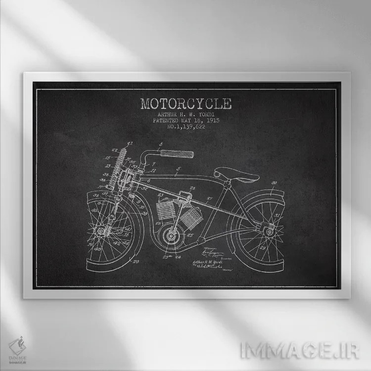 تابلو طرح ثبت اختراع موتورسیکلت آرتور اچ دبلیو یوردی (زغالی) اثر پیکسل کهنه (استودیو/نام هنری) - نمای قابدار سفید