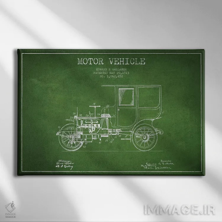 تابلو طرح پتنت وسیله نقلیه موتوردار ادوارد بی. گالاهر (سبز) اثر پیکسل کهنه (استودیو/نام هنری) - نمای روبهرو روی دیوار