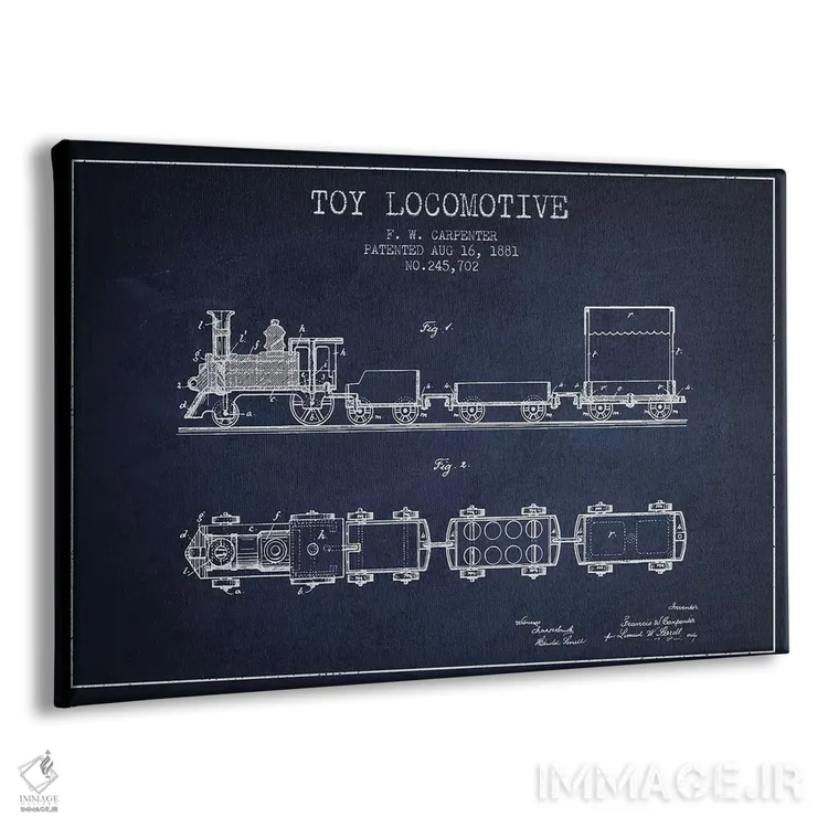 تابلو طرح پتنت لوکوموتیو اسباببازی اف.دبلیو. کارپنتر (آبی نفتی) اثر پیکسل کهنه (استودیو/نام هنری) - نمای پرسپکتیو محصول