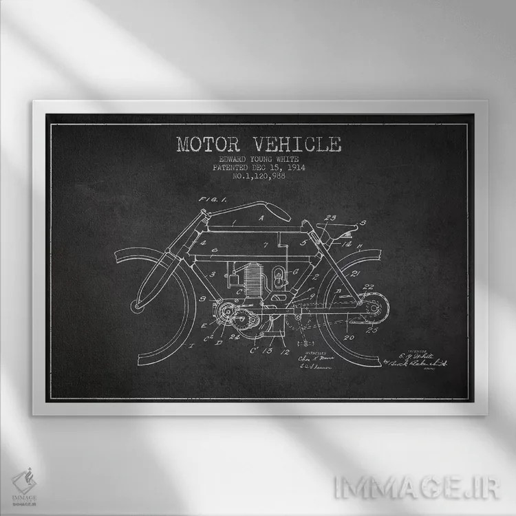 تابلو طرح پتنت وسیله نقلیه موتوردار ادوارد وای. وایت (ذغالی) اثر پیکسل کهنه (استودیو/نام هنری) - نمای قابدار سفید