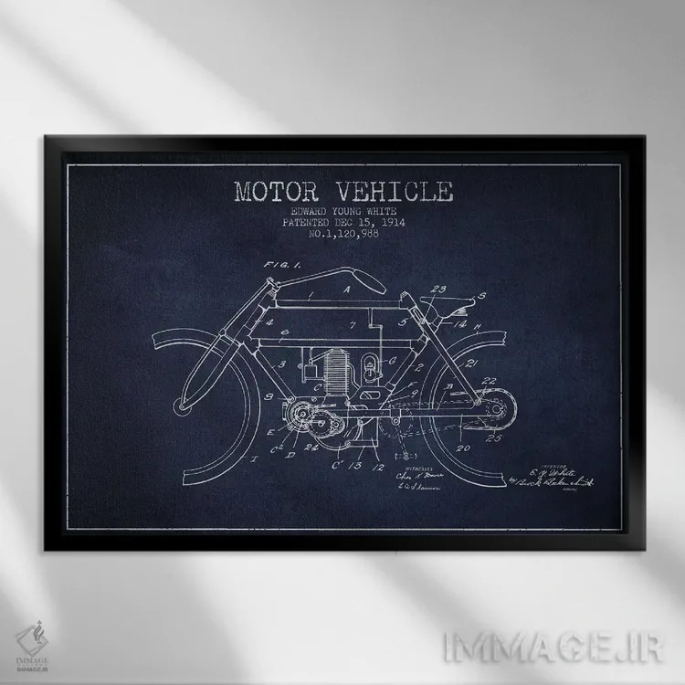 تابلو طرح پتنت وسیله نقلیه موتوردار ادوارد وای. وایت (آبی نفتی) اثر پیکسل کهنه (استودیو/نام هنری) - نمای قابدار مشکی
