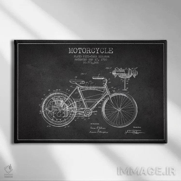 تابلو طرح پتنت موتورسیکلت فلوید بینگهام (ذغالی) اثر پیکسل کهنه (استودیو/نام هنری) - نمای روبهرو روی دیوار