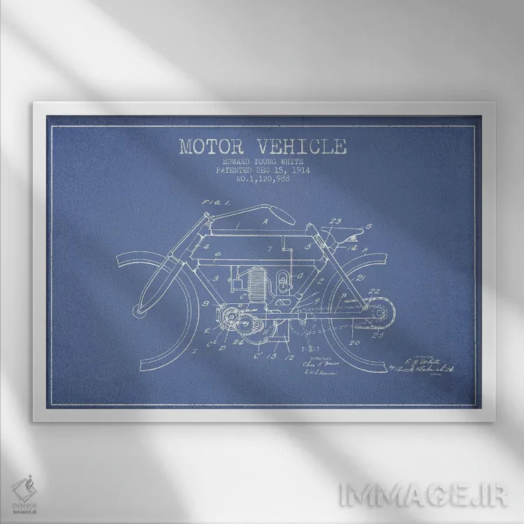 تابلو طرح پتنت وسیله نقلیه موتوردار ادوارد وای. وایت (آبی روشن) اثر پیکسل کهنه (استودیو/نام هنری) - نمای قابدار سفید