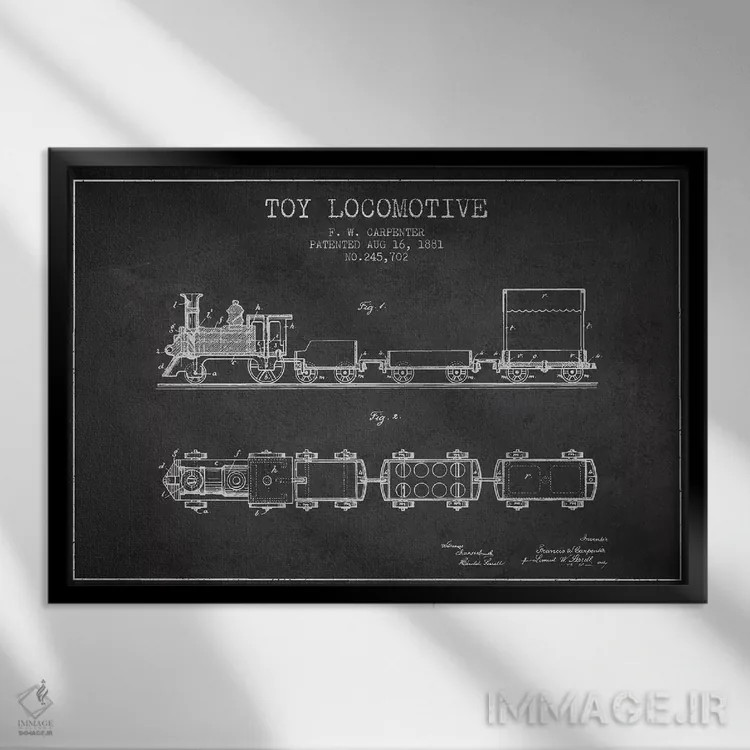 تابلو طرح پتنت لوکوموتیو اسباببازی اف.دبلیو. کارپنتر (ذغالی) اثر پیکسل کهنه (استودیو/نام هنری) - نمای قابدار مشکی