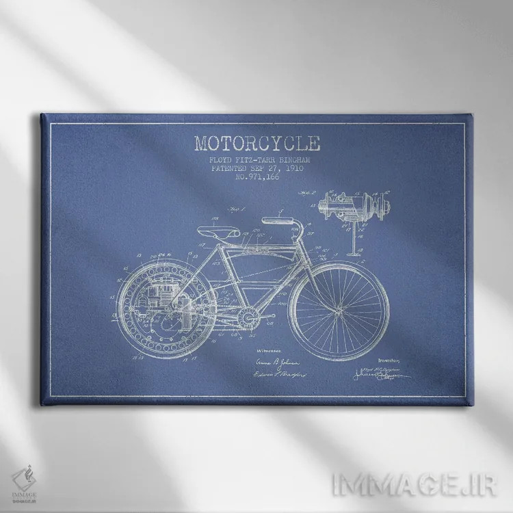 تابلو طرح پتنت موتورسیکلت فلوید بینگهام (آبی روشن) اثر پیکسل کهنه (استودیو/نام هنری) - نمای روبهرو روی دیوار