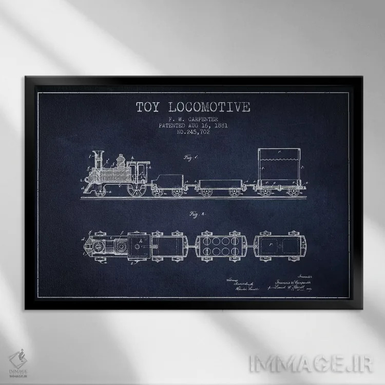 تابلو طرح پتنت لوکوموتیو اسباببازی اف.دبلیو. کارپنتر (آبی نفتی) اثر پیکسل کهنه (استودیو/نام هنری) - نمای قابدار مشکی