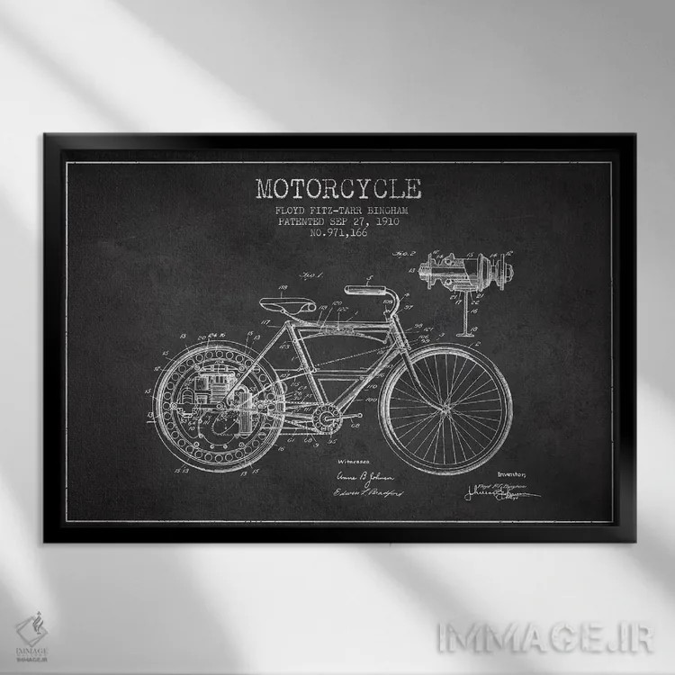 تابلو طرح پتنت موتورسیکلت فلوید بینگهام (ذغالی) اثر پیکسل کهنه (استودیو/نام هنری) - نمای قابدار مشکی