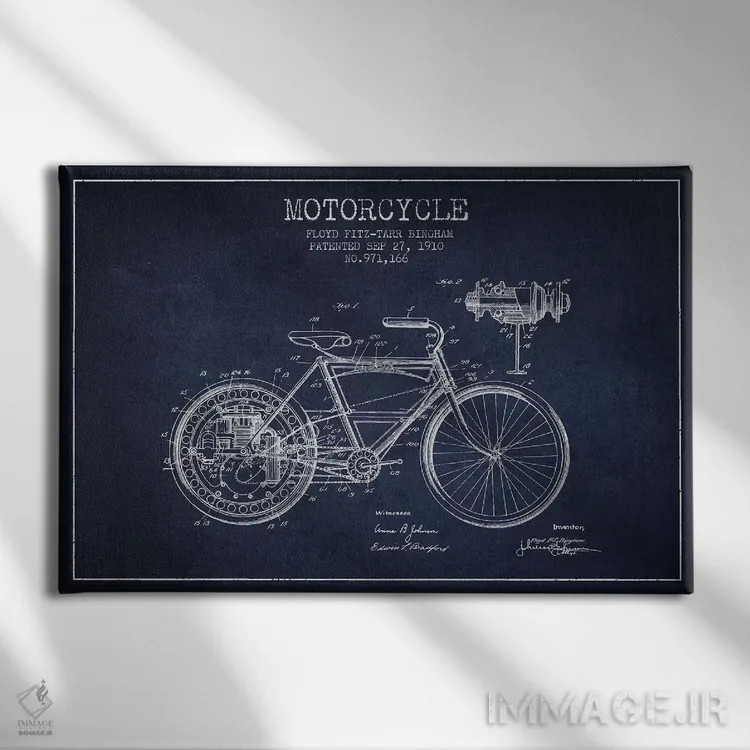 تابلو طرح پتنت موتورسیکلت فلوید بینگهام (آبی نفتی) اثر پیکسل کهنه (استودیو/نام هنری) - نمای روبهرو روی دیوار