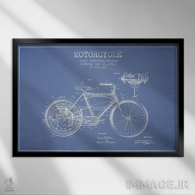 تابلو طرح پتنت موتورسیکلت فلوید بینگهام (آبی روشن) اثر پیکسل کهنه (استودیو/نام هنری) - نمای قابدار مشکی