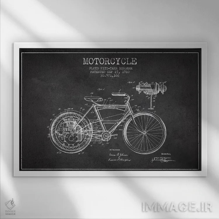 تابلو طرح پتنت موتورسیکلت فلوید بینگهام (ذغالی) اثر پیکسل کهنه (استودیو/نام هنری) - نمای قابدار سفید