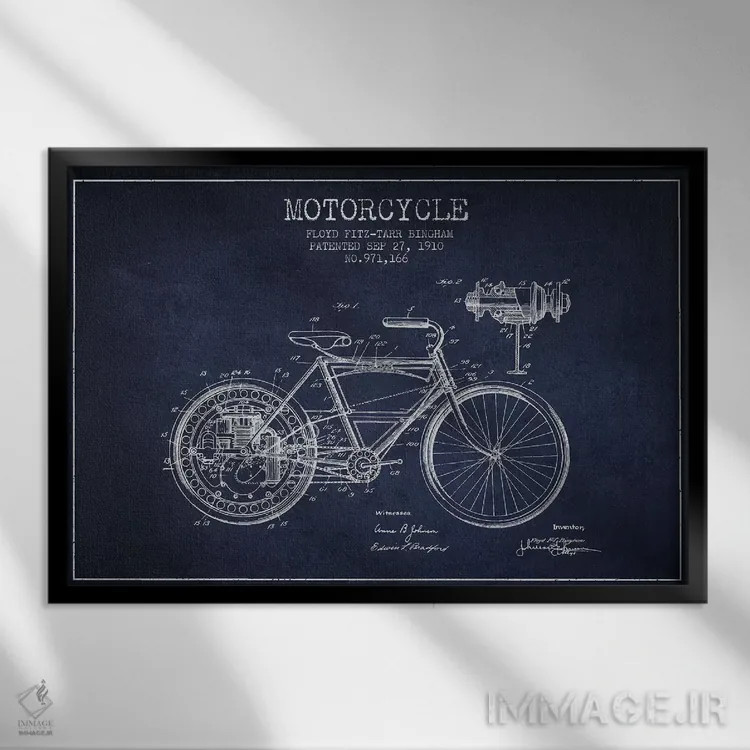 تابلو طرح پتنت موتورسیکلت فلوید بینگهام (آبی نفتی) اثر پیکسل کهنه (استودیو/نام هنری) - نمای قابدار مشکی