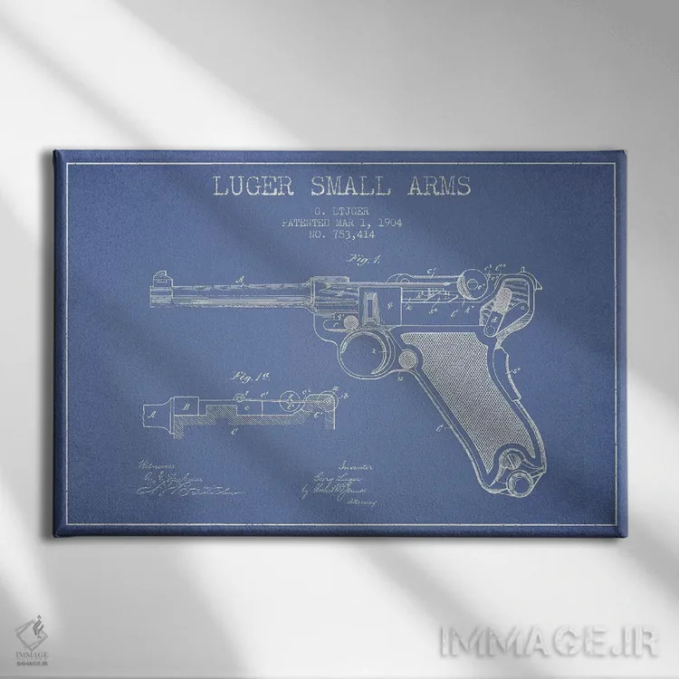 تابلو طرح پتنت سلاح گرم جورج لوگر (آبی روشن) اثر پیکسل کهنه (استودیو/نام هنری) - نمای روبهرو روی دیوار