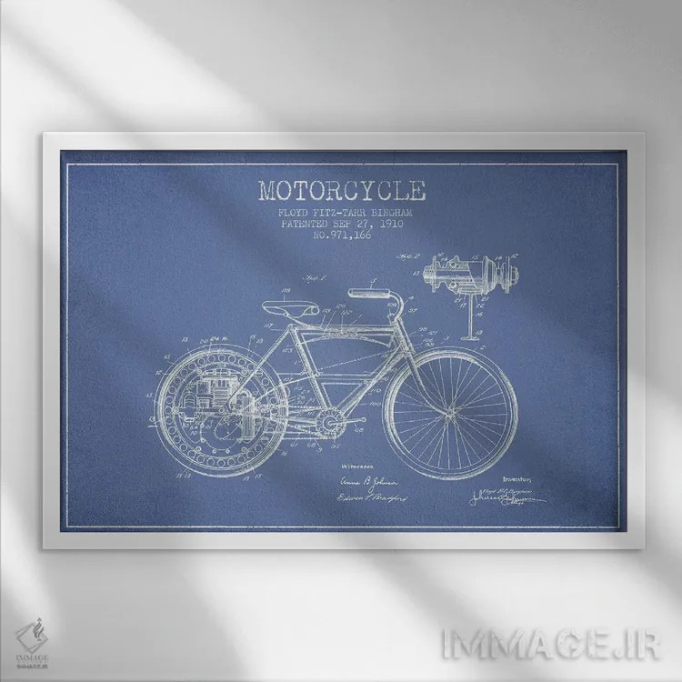 تابلو طرح پتنت موتورسیکلت فلوید بینگهام (آبی روشن) اثر پیکسل کهنه (استودیو/نام هنری) - نمای قابدار سفید