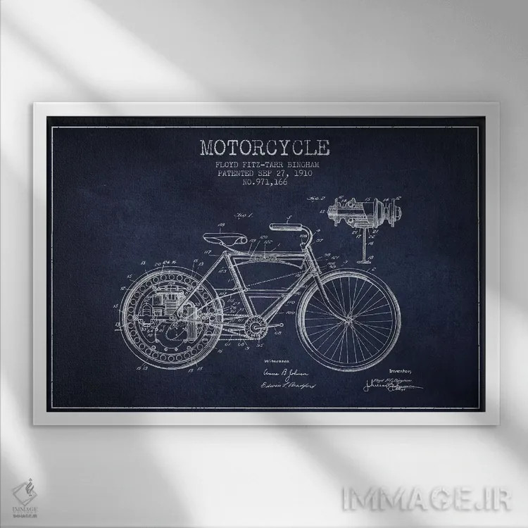 تابلو طرح پتنت موتورسیکلت فلوید بینگهام (آبی نفتی) اثر پیکسل کهنه (استودیو/نام هنری) - نمای قابدار سفید