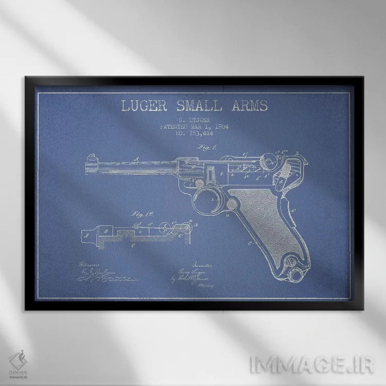 تابلو طرح پتنت سلاح گرم جورج لوگر (آبی روشن) اثر پیکسل کهنه (استودیو/نام هنری) - نمای قابدار مشکی
