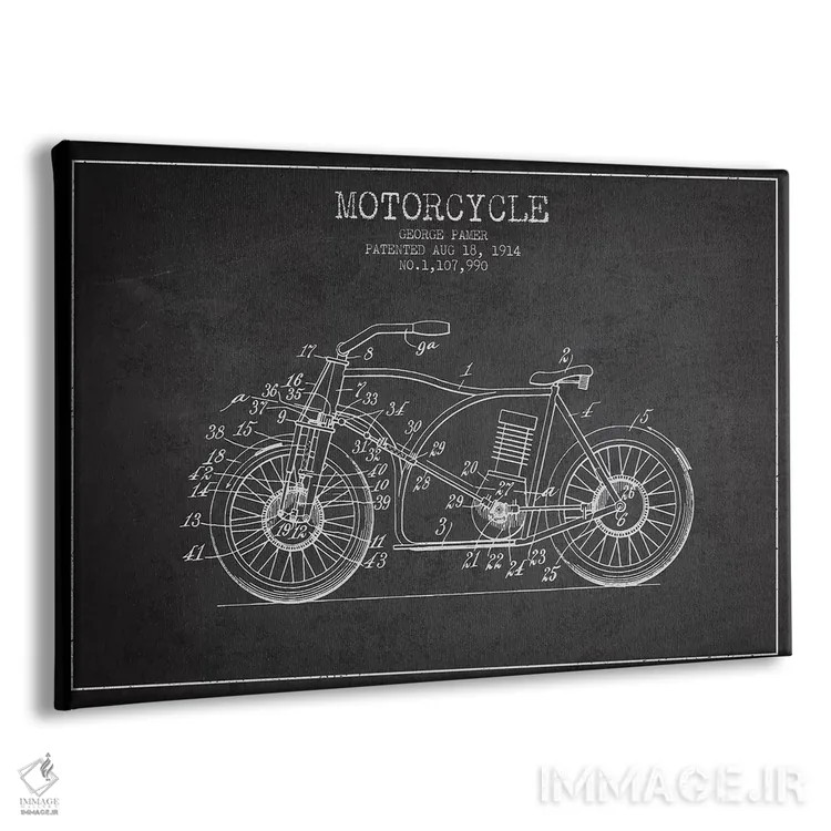 تابلو طرح اختراع موتورسیکلت جورج پامر (زغالسنگی) اثر پیکسل کهنه (استودیو/نام هنری) - نمای پرسپکتیو محصول