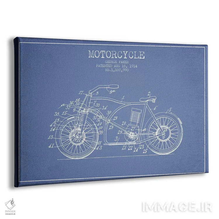تابلو طرح اختراع موتورسیکلت جورج پامر (آبی روشن) اثر پیکسل کهنه (استودیو/نام هنری) - نمای پرسپکتیو محصول