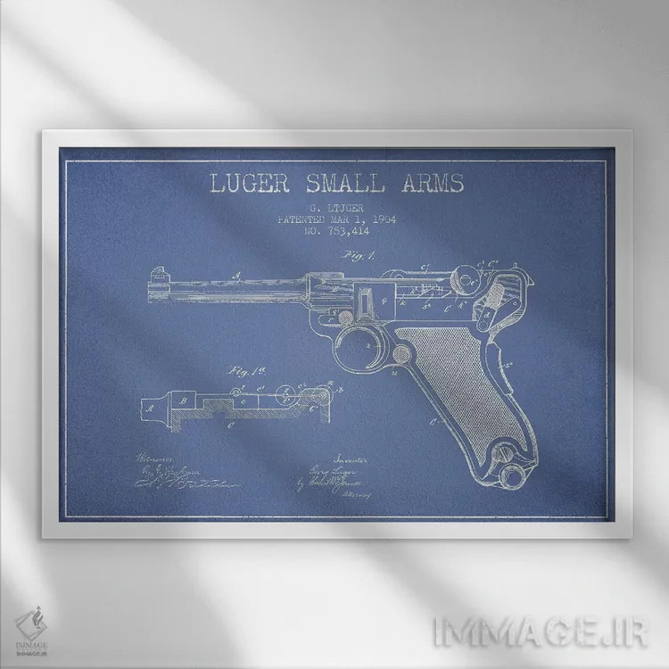 تابلو طرح پتنت سلاح گرم جورج لوگر (آبی روشن) اثر پیکسل کهنه (استودیو/نام هنری) - نمای قابدار سفید