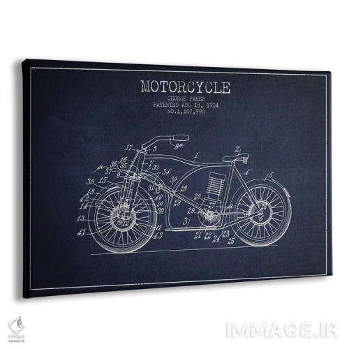 تابلو طرح اختراع موتورسیکلت جورج پامر (آبی سیر) اثر پیکسل کهنه (استودیو/نام هنری) - نمای پرسپکتیو محصول
