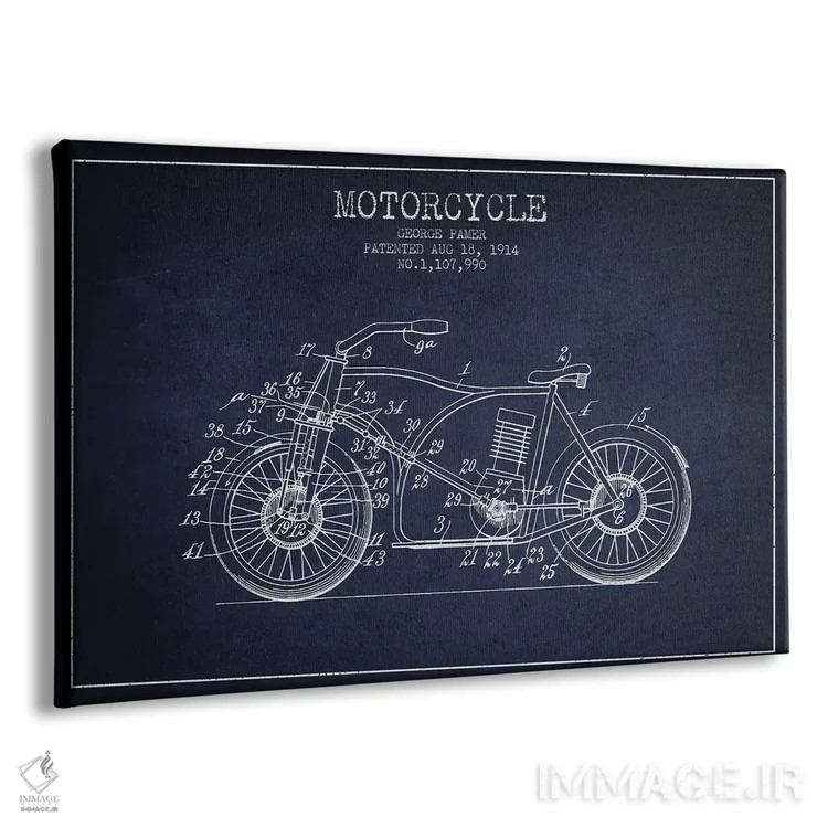 تابلو طرح اختراع موتورسیکلت جورج پامر (آبی سیر) اثر پیکسل کهنه (استودیو/نام هنری) - نمای پرسپکتیو محصول