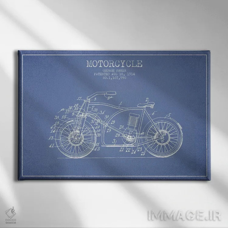 تابلو طرح اختراع موتورسیکلت جورج پامر (آبی روشن) اثر پیکسل کهنه (استودیو/نام هنری) - نمای روبهرو روی دیوار