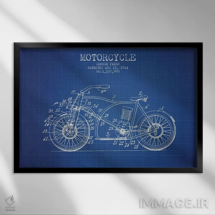 تابلو طرح اختراع موتورسیکلت جورج پامر (شبکه آبی) اثر پیکسل کهنه (استودیو/نام هنری) - نمای قابدار مشکی