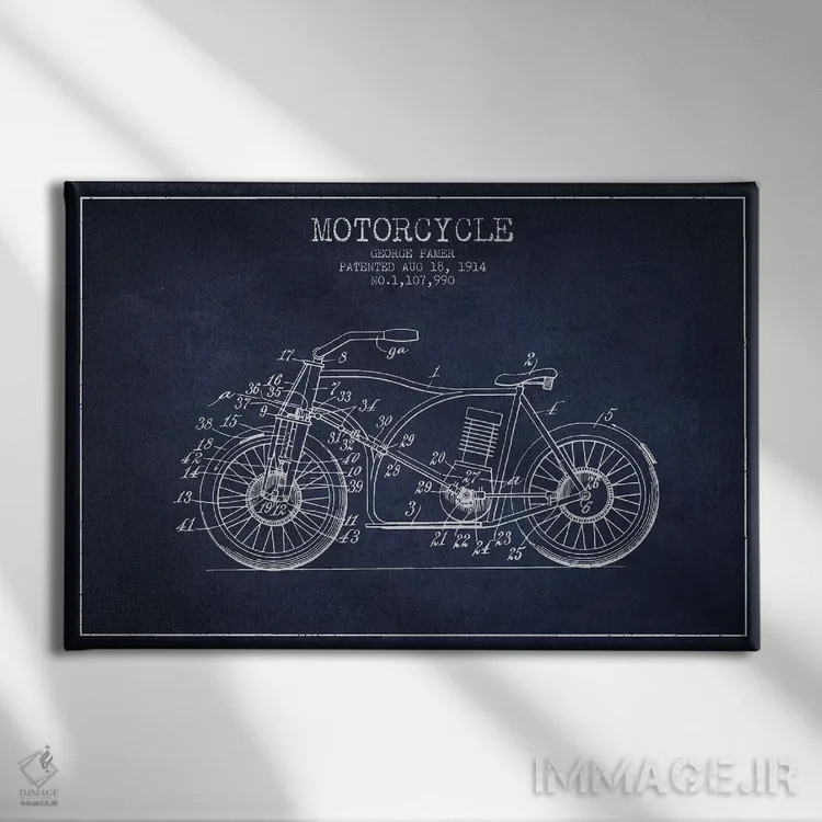 تابلو طرح اختراع موتورسیکلت جورج پامر (آبی سیر) اثر پیکسل کهنه (استودیو/نام هنری) - نمای روبهرو روی دیوار