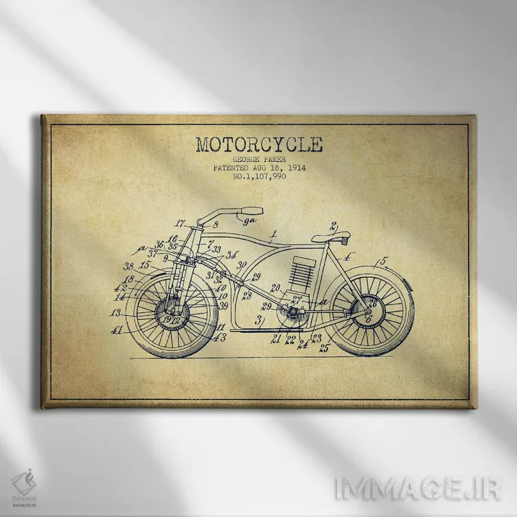 تابلو طرح قدیمی اختراع موتورسیکلت جورج پامر اثر پیکسل کهنه (استودیو/نام هنری) - نمای روبهرو روی دیوار