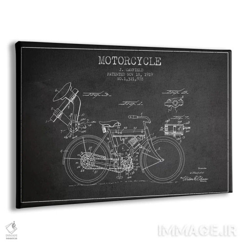 تابلو طرح اختراع موتورسیکلت جی. کانفیلد (زغالسنگی) اثر پیکسل کهنه (استودیو/نام هنری) - نمای پرسپکتیو محصول