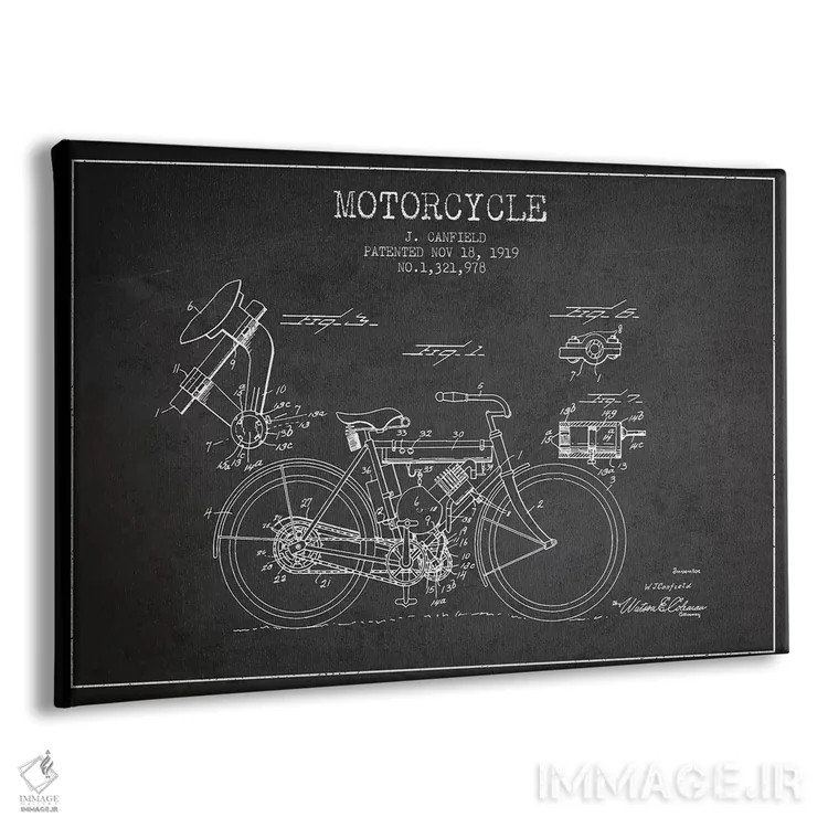 تابلو طرح اختراع موتورسیکلت جی. کانفیلد (زغالسنگی) اثر پیکسل کهنه (استودیو/نام هنری) - نمای پرسپکتیو محصول